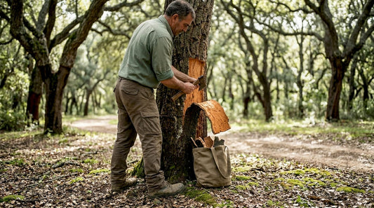 Cork harvester peeling bark in sunlit forest