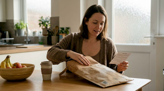 Woman unpacks cork bag with eco packaging