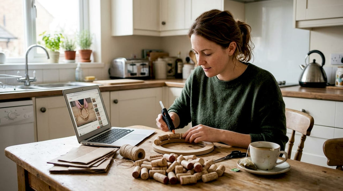 Woman crafts cork trivet at kitchen table