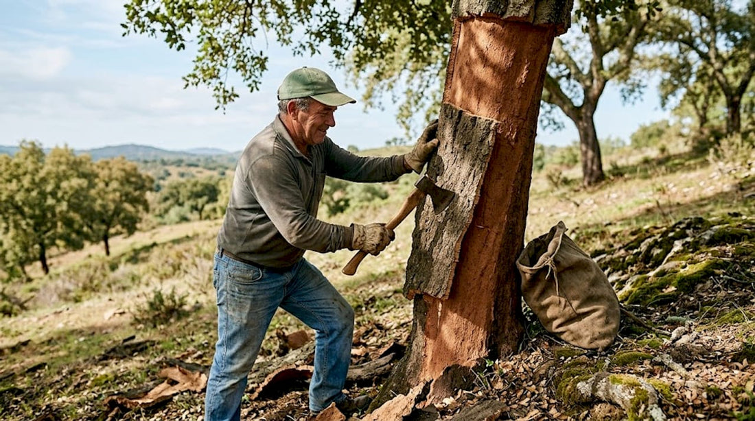 Harvesting cork oak bark by hand in field