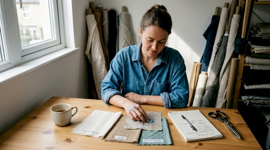 Textile designer inspecting eco fabric swatches