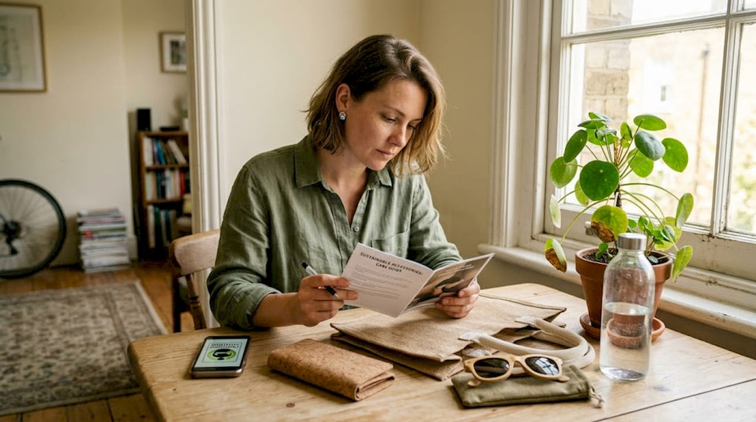 Woman reviews sustainable accessories at home