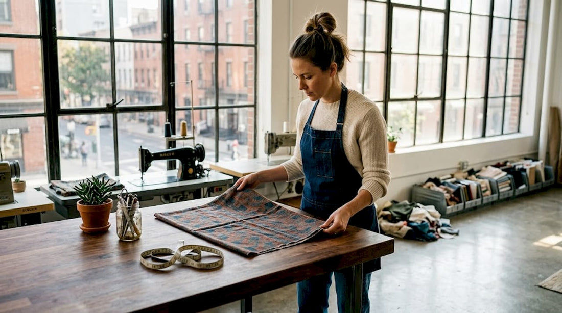 Designer inspecting fabric for upcycling project