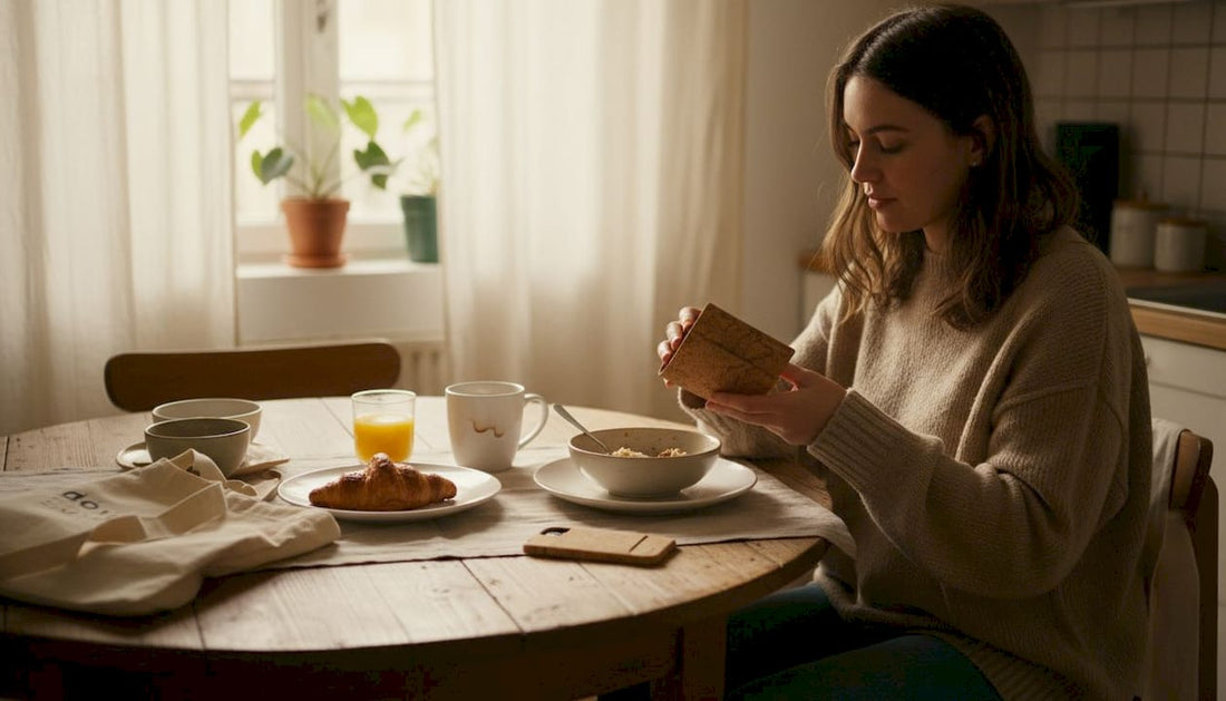 Woman examining cork wallet at kitchen table