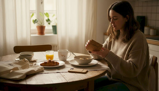 Woman examining cork wallet at kitchen table