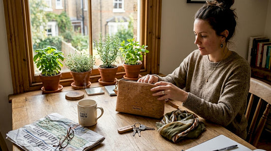 Woman emptying vegan cork purse at kitchen table