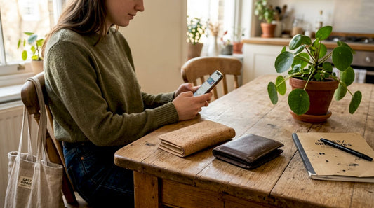 Cork and PU wallets on rustic kitchen table