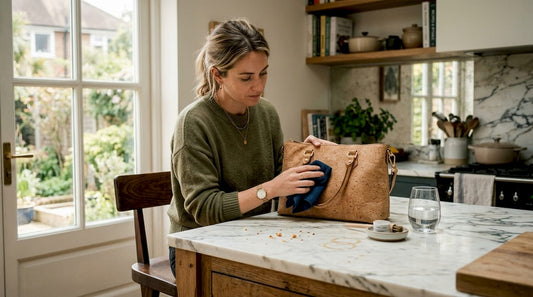Wiping cork bag on kitchen island