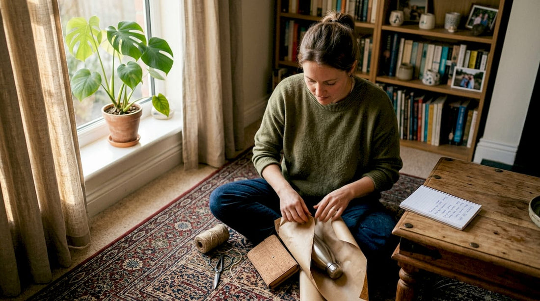 Woman wrapping eco-friendly gifts in living room