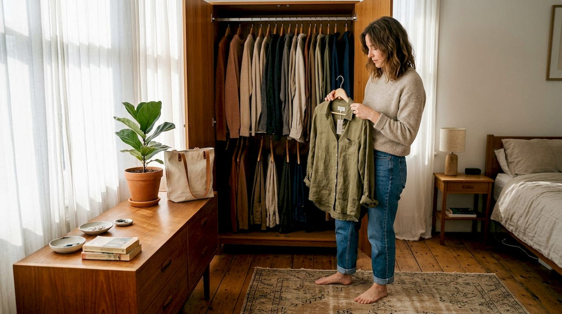 Woman examining garment in casual home wardrobe