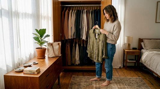 Woman examining garment in casual home wardrobe