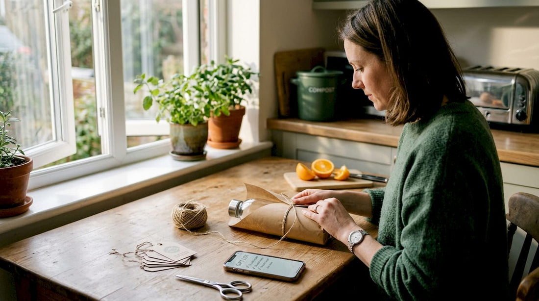Wrapping sustainable gift at kitchen table