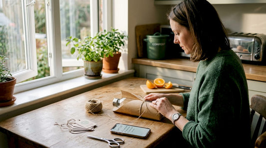 Wrapping sustainable gift at kitchen table