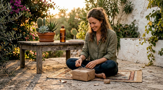 Woman unwrapping eco-friendly gift at home