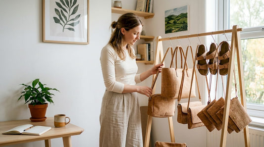 Woman choosing cork fashion items in sunlight