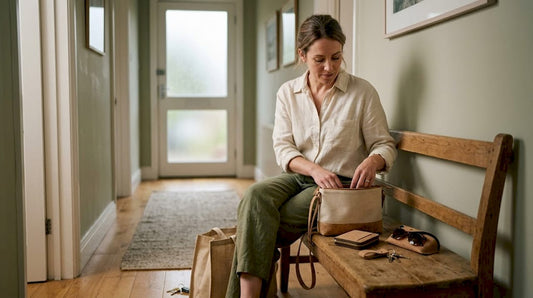 Woman with vegan cork accessories on hallway bench