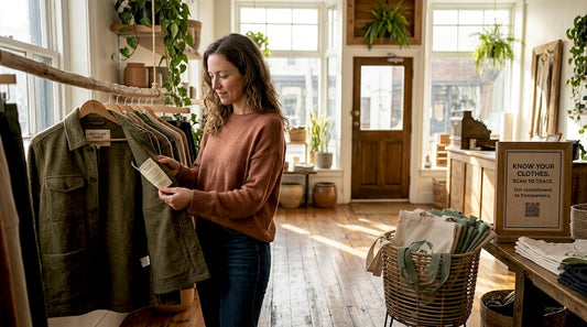 Eco shopper checks sustainable clothing tag
