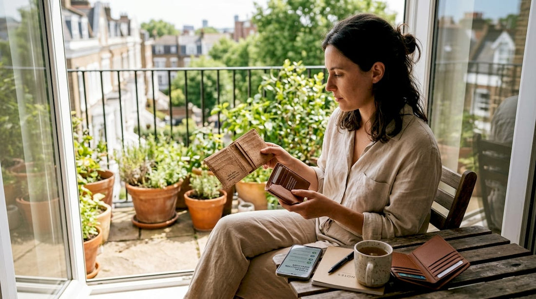 Woman compares cruelty-free wallets at home