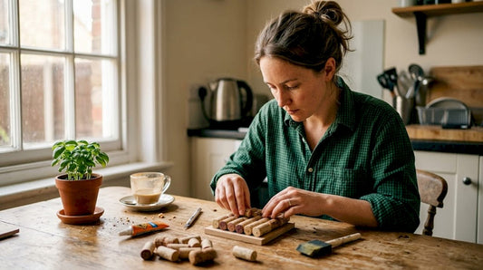 Woman crafting cork gifts at kitchen table