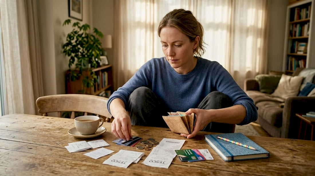 Woman organising cork wallet at kitchen table