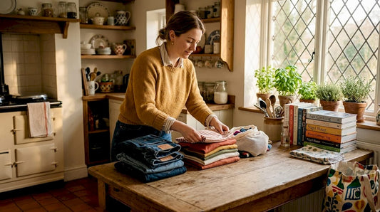 Woman sorting laundry in home with eco items