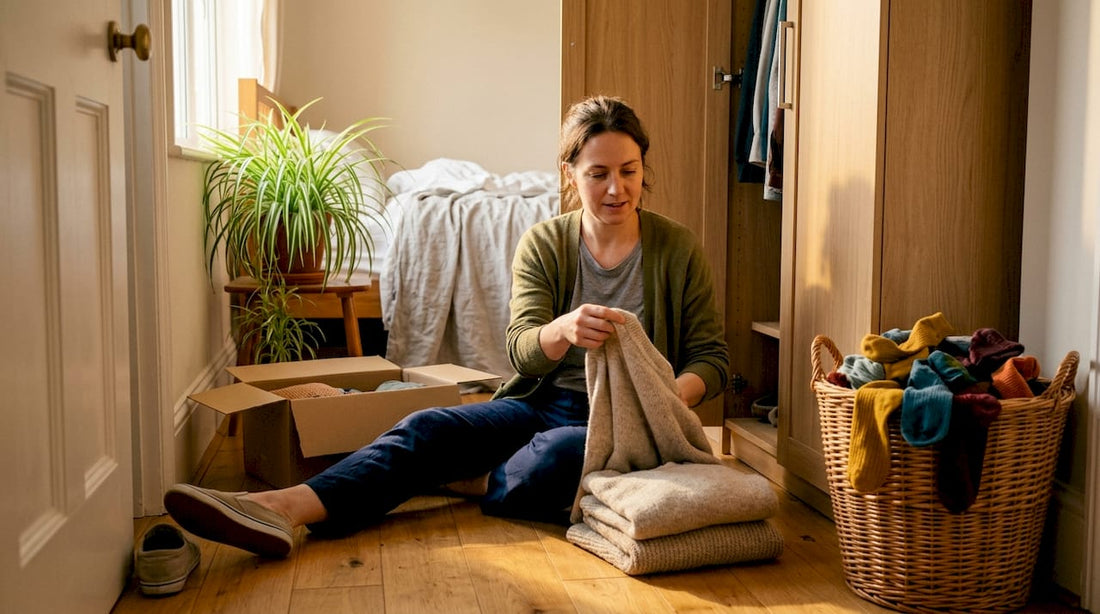 Woman sorting sustainable wardrobe in bedroom