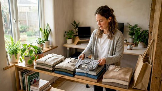 Woman organizing vegan wardrobe in closet