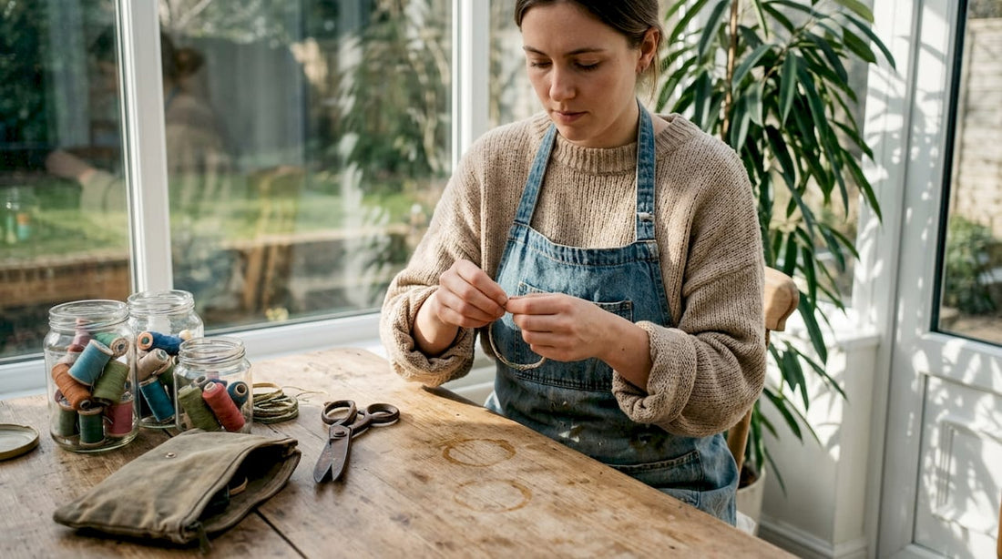 Woman making natural fibre accessories at kitchen table