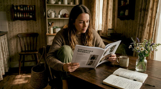 Woman browsing sustainable chic lookbook at kitchen table