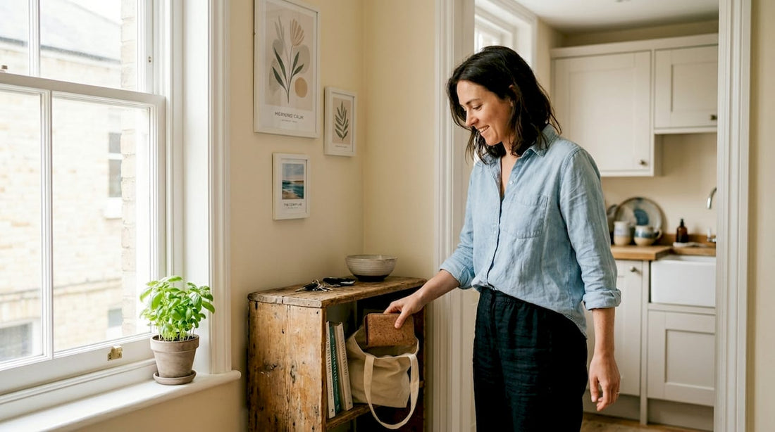 Woman choosing ethical accessories at home