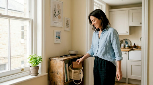 Woman choosing ethical accessories at home