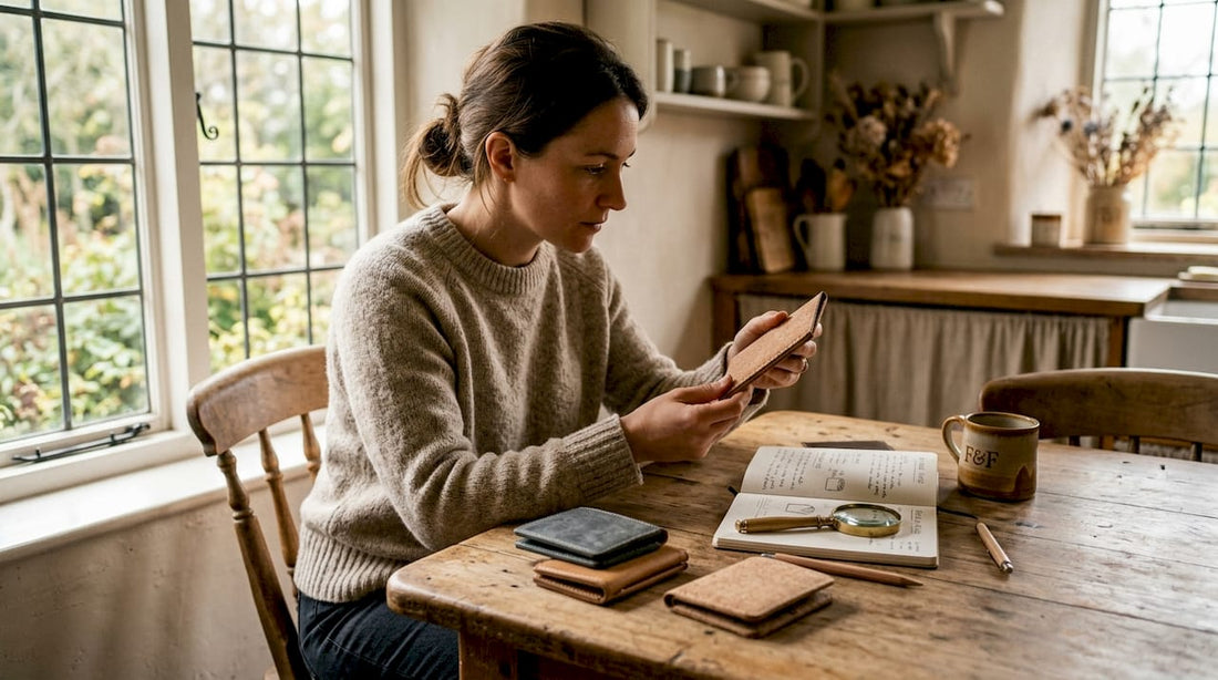 Woman inspecting eco wallet materials
