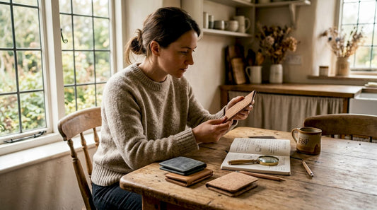 Woman inspecting eco wallet materials