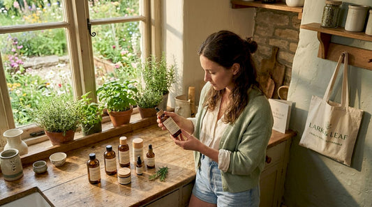 Woman reading cruelty-free product labels in kitchen