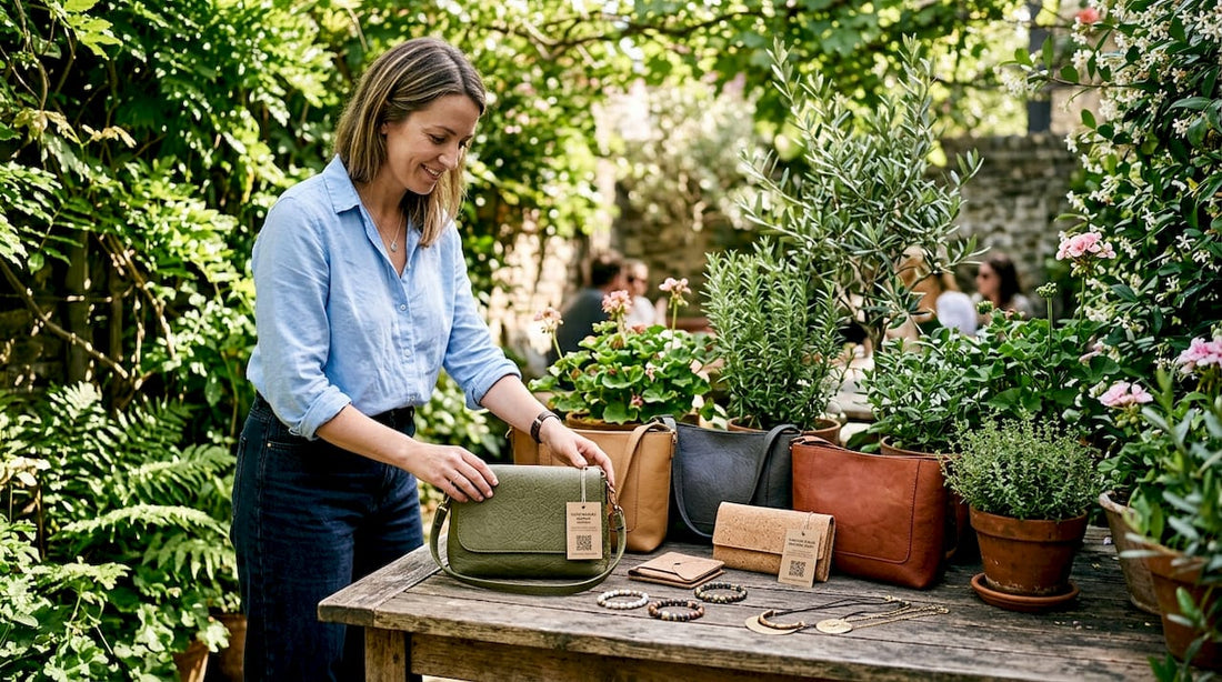 Stylist arranging sustainable fashion accessories