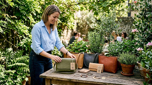 Stylist arranging sustainable fashion accessories