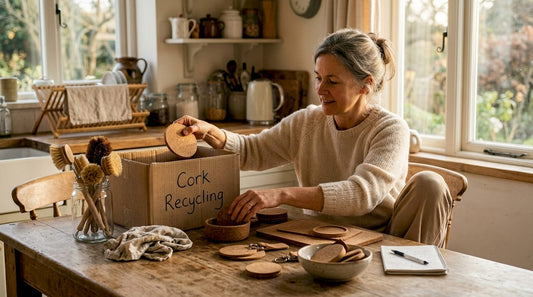 Woman sorting cork accessories at kitchen table