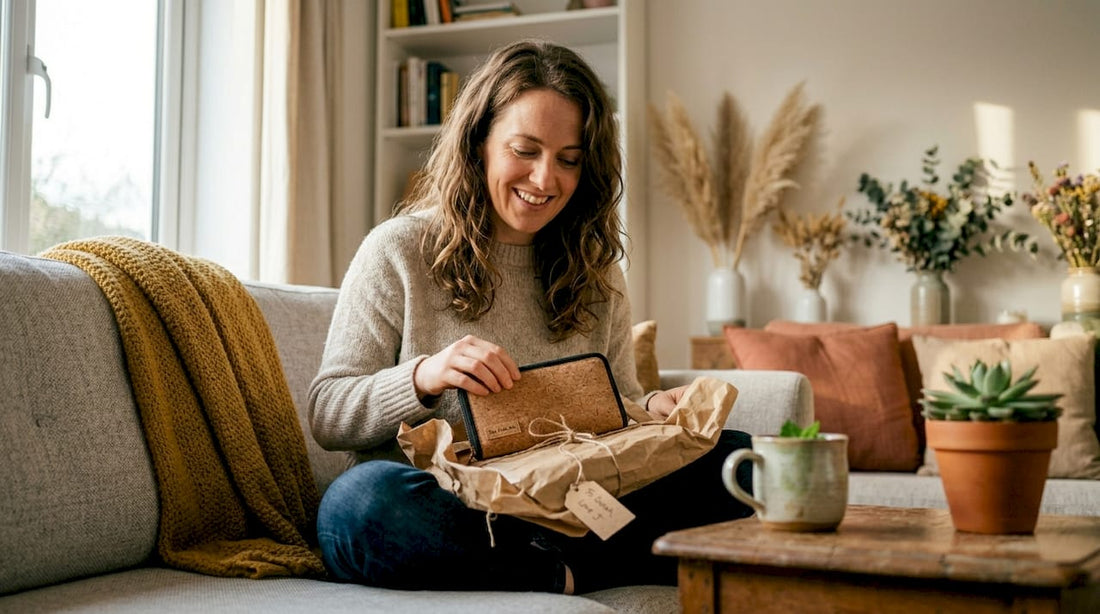 Woman opening sustainable gift in living room