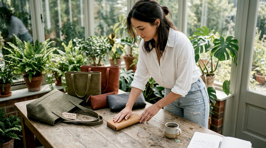 Young woman arranging vegan accessories on table