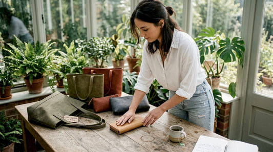 Young woman arranging vegan accessories on table