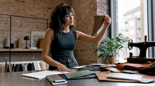 Designer examining vegan leather samples in studio