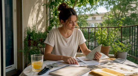 Woman comparing sustainable fabrics at table