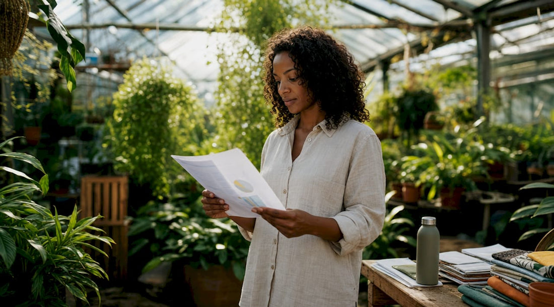 Woman reviewing climate positive fashion report