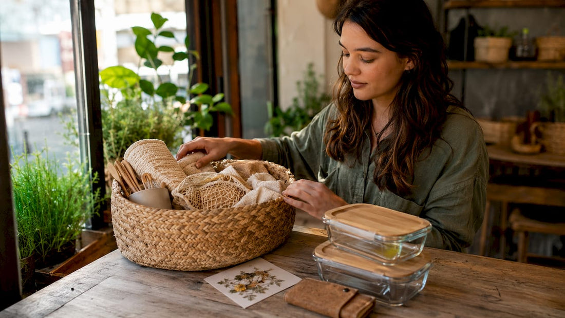 Woman unpacking eco-friendly gifts in kitchen