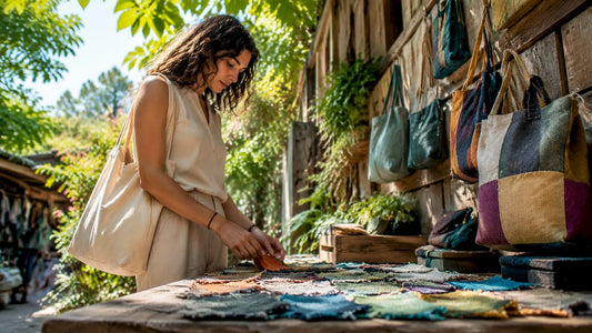 Woman examining recycled fabric swatches in eco store