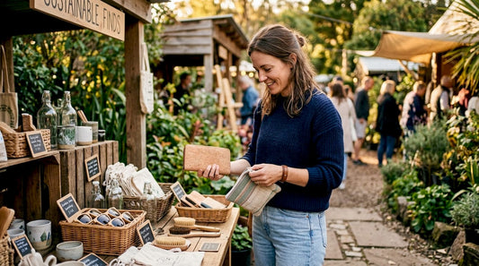 Shopper examining sustainable accessories in boutique