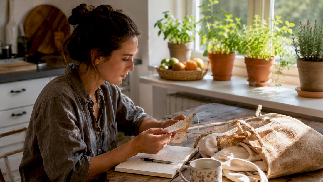 Woman comparing eco-friendly product labels at home