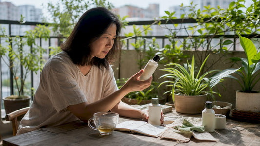 Woman reading eco certification labels on products