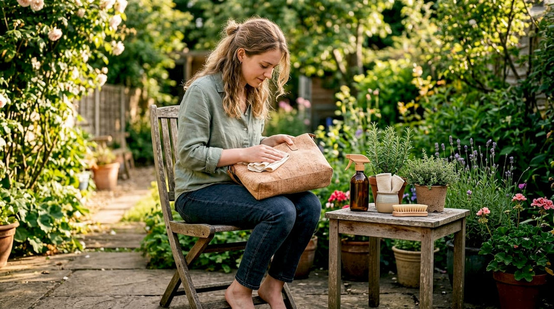 Person cleaning cork handbag at home