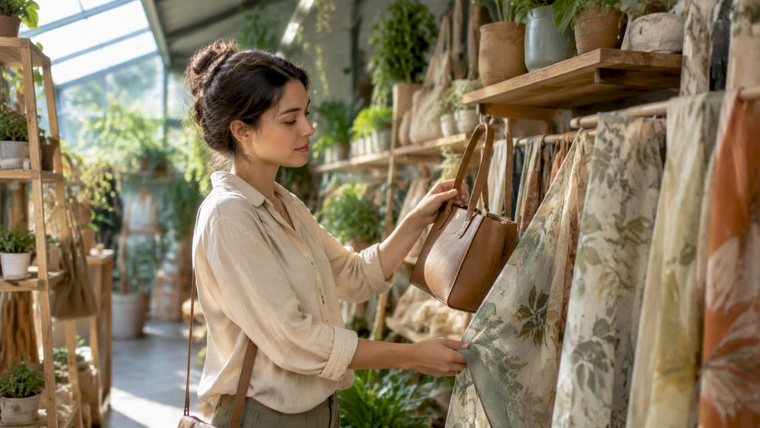 Shopper browsing cruelty-free accessories in boutique